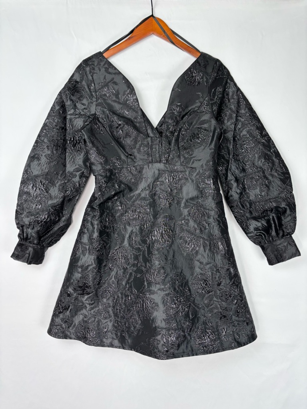 NEW Maeve Long Sleeve V Neck Jacquard Babydoll Mini Dress Black Size 2 Floral